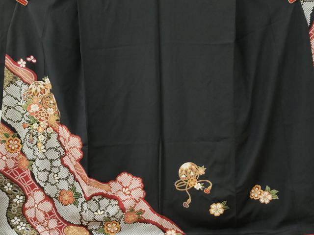 平和屋着物●豪華振袖 毬牡丹花文 黒地 金彩 正絹 逸品 CABI3284yc