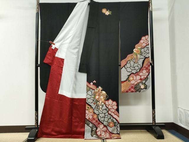 平和屋着物●豪華振袖 毬牡丹花文 黒地 金彩 正絹 逸品 CABI3284yc