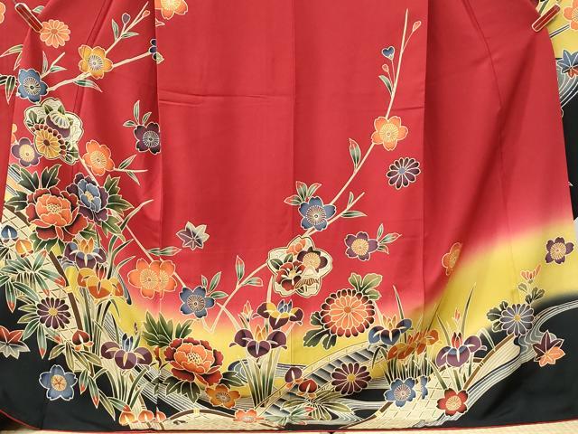 平和屋着物●豪華振袖 紅型 流水籬牡丹花文 暈し染め 正絹 逸品 CABI3296yc