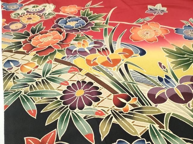 平和屋着物●豪華振袖 紅型 流水籬牡丹花文 暈し染め 正絹 逸品 CABI3296yc