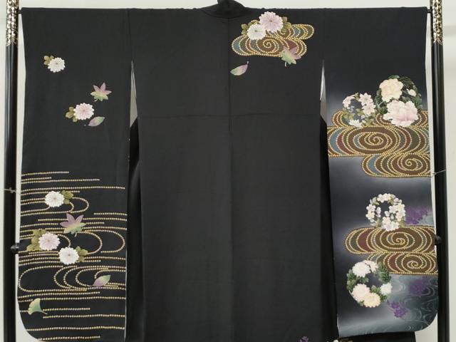 平和屋着物●豪華振袖 竜田川牡丹藤花房 暈し染め 黒地 金彩 正絹 逸品 CABI3298yc