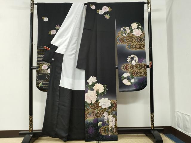 平和屋着物●豪華振袖 竜田川牡丹藤花房 暈し染め 黒地 金彩 正絹 逸品 CABI3298yc
