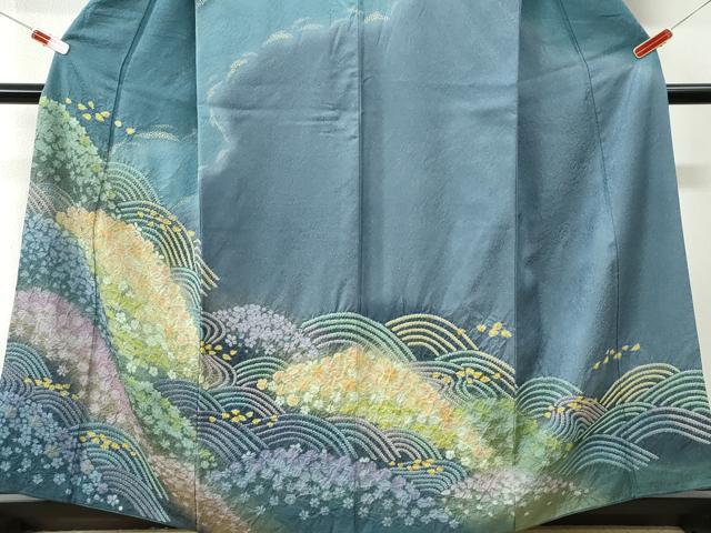 平和屋着物●訪問着 絞り 立波舞花文 おぼろ染め 襲ね絞り 金通し地 正絹 逸品 CABI3300yc