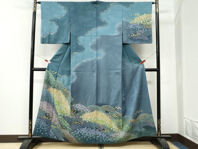 平和屋着物●訪問着 絞り 立波舞花文 おぼろ染め 襲ね絞り 金通し地 正絹 逸品 CABI3300yc