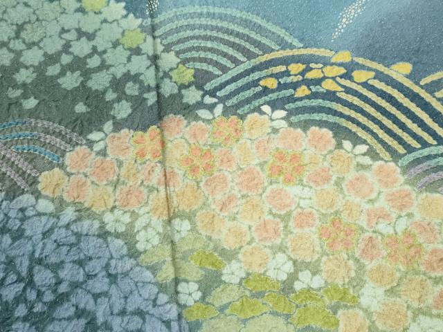 平和屋着物●訪問着 絞り 立波舞花文 おぼろ染め 襲ね絞り 金通し地 正絹 逸品 CABI3300yc