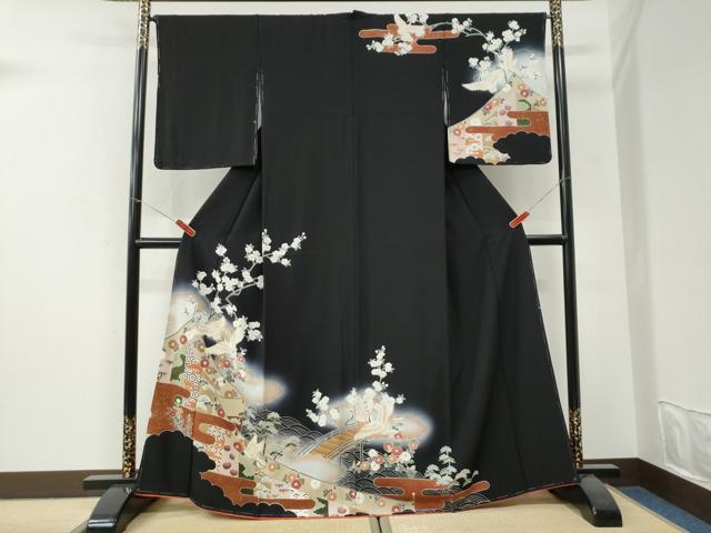 平和屋着物●訪問着 駒刺繍 浜松飛鶴渡り橋花文 暈し染め 黒地 正絹 逸品 未使用 CABI3311yc
