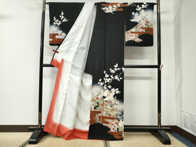 平和屋着物●訪問着 駒刺繍 浜松飛鶴渡り橋花文 暈し染め 黒地 正絹 逸品 未使用 CABI3311yc