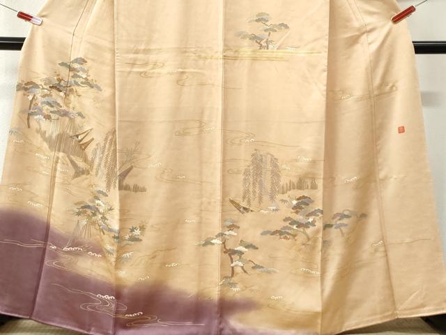 平和屋着物●訪問着 作家物 駒刺繍 浜松枝垂れ柳花文 暈し染め 金彩 正絹 逸品 CABI3317yc