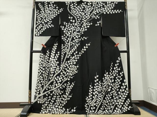 平和屋着物●訪問着 枝葉文 黒地 ロング丈 正絹 逸品 CABI3330yc