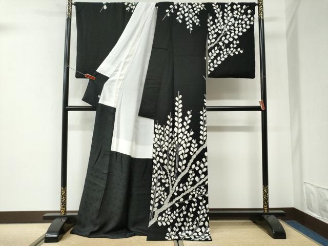 平和屋着物●訪問着 枝葉文 黒地 ロング丈 正絹 逸品 CABI3330yc