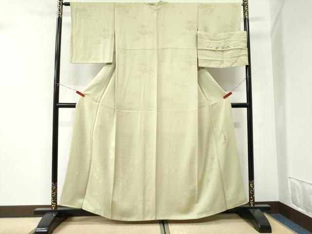 平和屋着物●染色作家 奥田祐斎監修 色無地 寿光織 文箱地紙花地紋 若菜色 反端付き 正絹 逸品 未使用 CABI3349yc