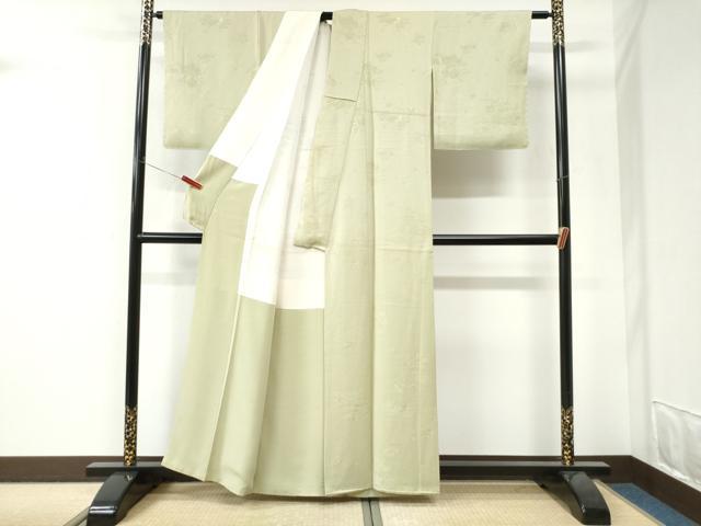 平和屋着物●染色作家 奥田祐斎監修 色無地 寿光織 文箱地紙花地紋 若菜色 反端付き 正絹 逸品 未使用 CABI3349yc