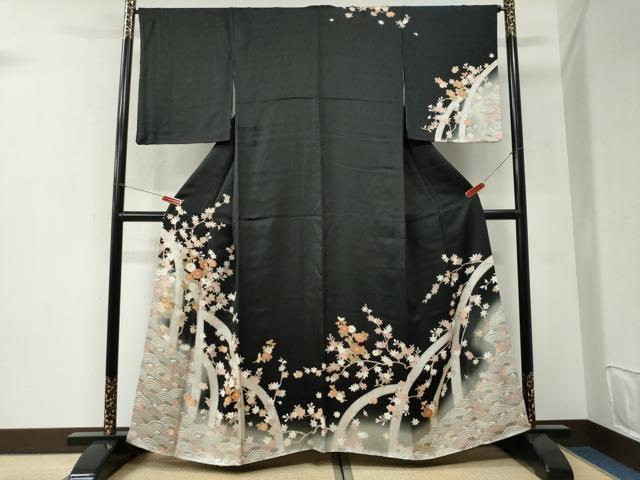 平和屋着物●訪問着 刺繍 立波枝花文 暈し染め 黒地 金彩 正絹 逸品 CABI3358yc