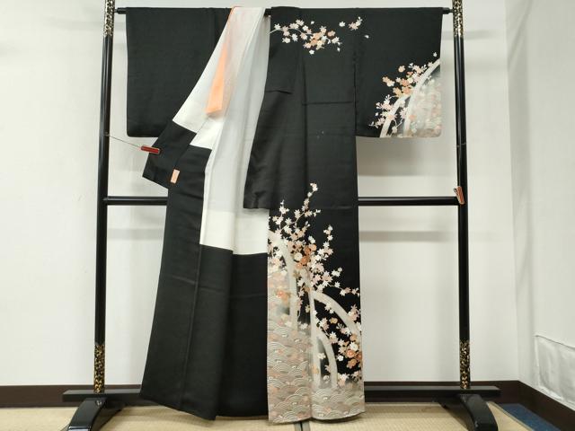 平和屋着物●訪問着 刺繍 立波枝花文 暈し染め 黒地 金彩 正絹 逸品 CABI3358yc