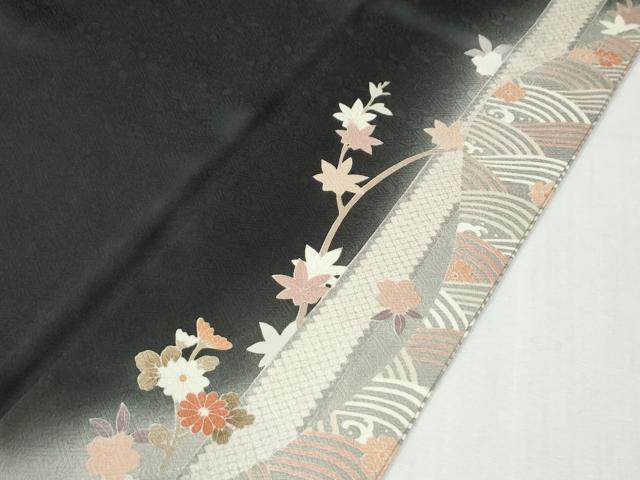 平和屋着物●訪問着 刺繍 立波枝花文 暈し染め 黒地 金彩 正絹 逸品 CABI3358yc