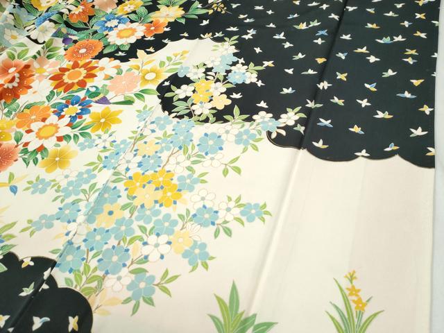 平和屋着物●豪華振袖 駒刺繍 花鳥文 黒地 金彩 正絹 逸品 CABI3359yc