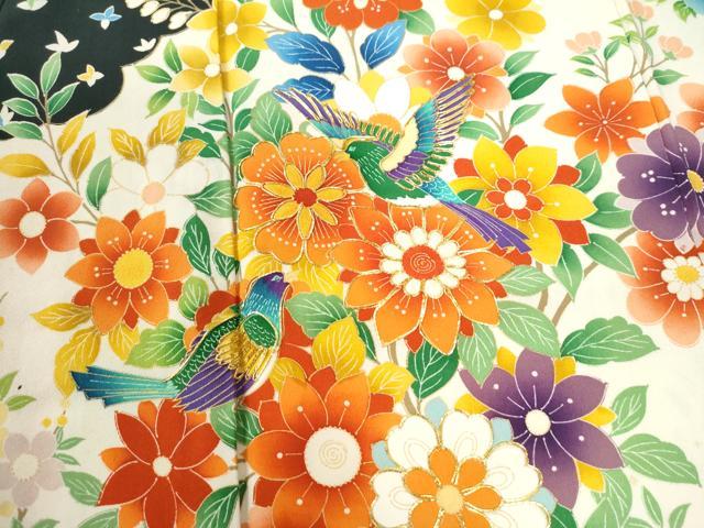 平和屋着物●豪華振袖 駒刺繍 花鳥文 黒地 金彩 正絹 逸品 CABI3359yc