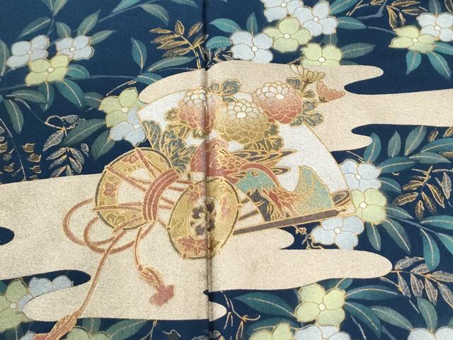 平和屋着物●訪問着 霞扇面鼓花鳥文 金彩 正絹 逸品 CABI3374yc