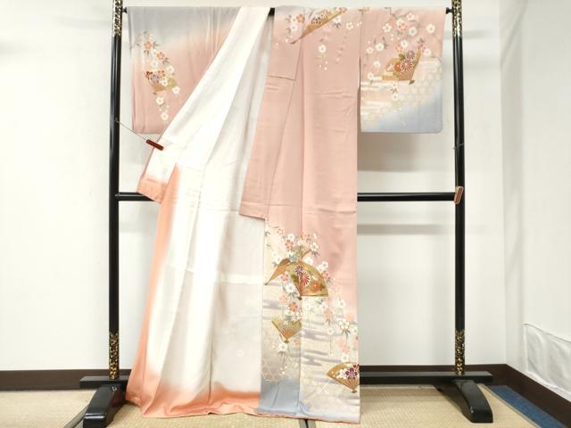 平和屋着物●訪問着 作家物 エ霞扇面網目草花文 暈し染め 金彩 ロング丈 正絹 逸品 CABI3442yc