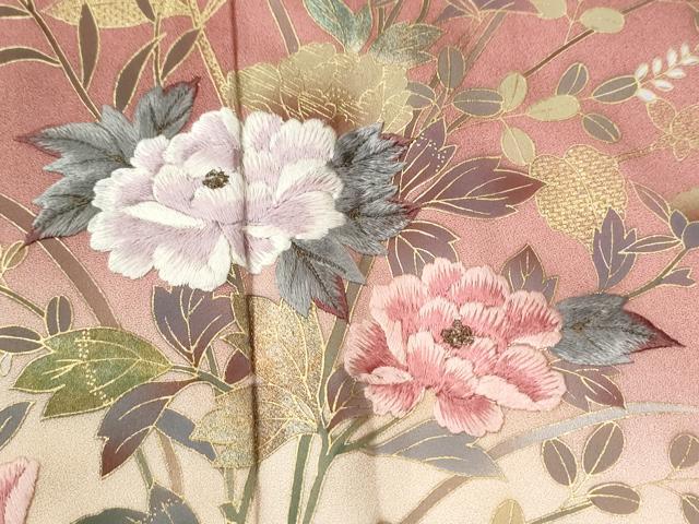 平和屋着物●訪問着 刺繍 牡丹花文 暈し染め 金彩 正絹 逸品 CABI3468yc