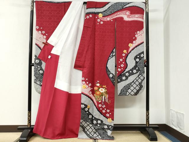 平和屋着物●豪華振袖 駒刺繍 道長吉祥花車文 京都きもの友禅扱い 正絹 逸品 CABI3481yc