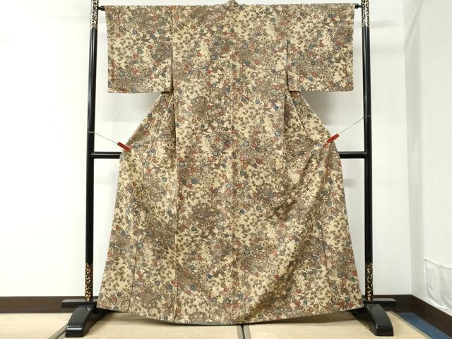 平和屋着物●上質な小紋 紬地 型染め 草花文 正絹 逸品 CABI3490yc