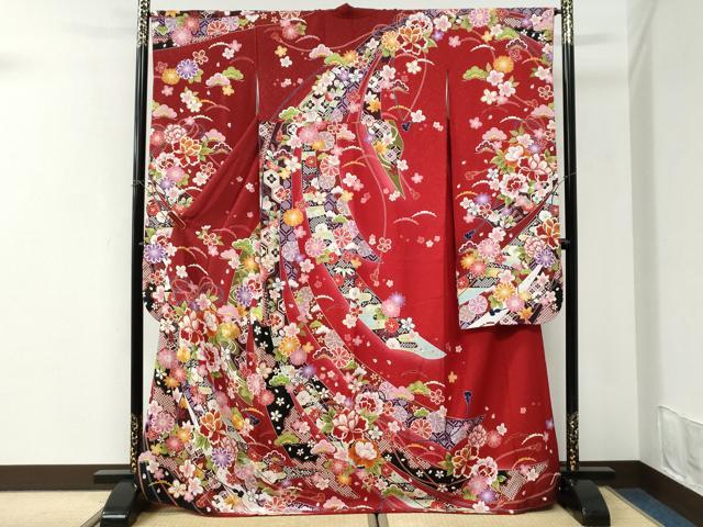 平和屋着物●豪華振袖 駒刺繍 鬘帯牡丹花文 金彩 正絹 逸品 CABI3511yc