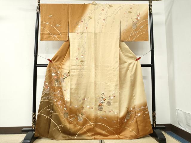 平和屋着物●訪問着 駒刺繍 花籠文 暈し染め 金彩 正絹 逸品 CABI3523yc