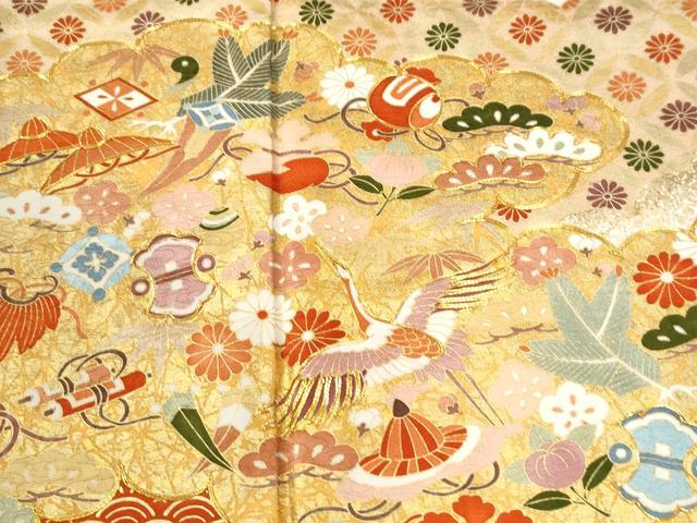 平和屋着物●豪華振袖 駒刺繍 雲取り飛鶴宝尽くし吉祥花文 金彩 正絹 逸品 CABI3552yc