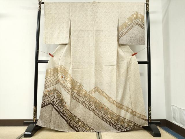 平和屋着物●訪問着 総絞り 刺繍 草花文 正絹 逸品 CABI3553yc