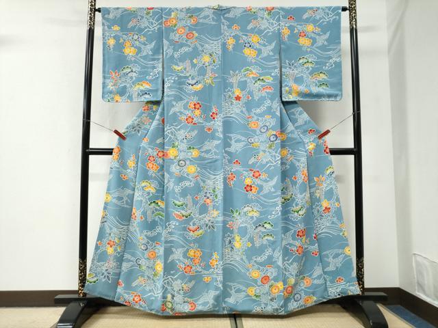 平和屋着物●上質な小紋 型染め 飛鳥花松文 鬼しぼ縮緬 正絹 逸品 未使用 CABI3560yc