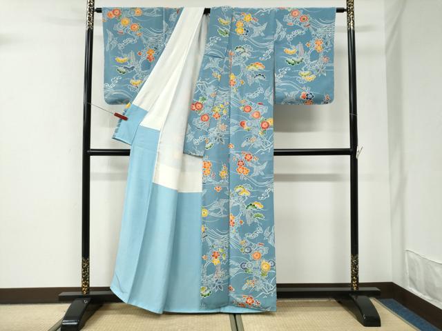 平和屋着物●上質な小紋 型染め 飛鳥花松文 鬼しぼ縮緬 正絹 逸品 未使用 CABI3560yc
