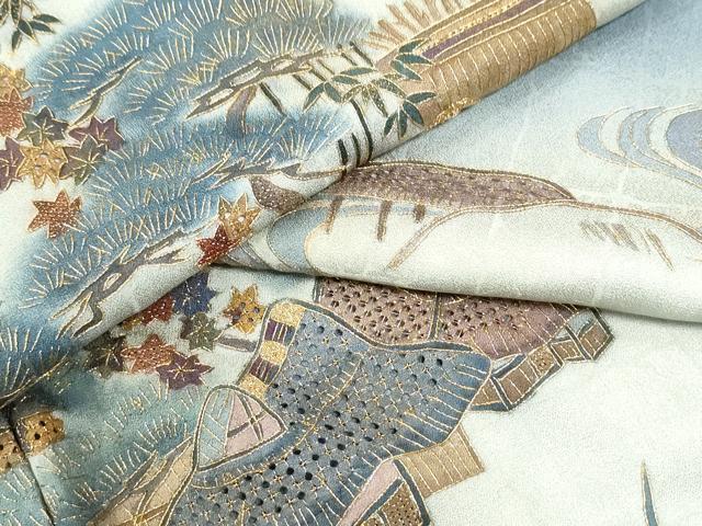 平和屋着物●中国三大刺繍 スワトウ刺繍 訪問着 飛鳥風景文 暈し染め 金糸 正絹 逸品 CABI3581yc