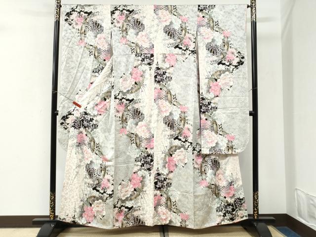 平和屋着物●豪華振袖 源氏車牡丹花文 黒地 金彩 正絹 逸品 CABI3594yc
