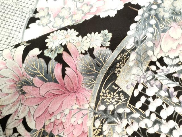 平和屋着物●豪華振袖 源氏車牡丹花文 黒地 金彩 正絹 逸品 CABI3594yc