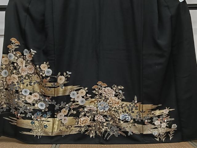 平和屋着物■豪華黒留袖 駒刺繍 草花文 金彩 正絹 逸品 CABI3642xi