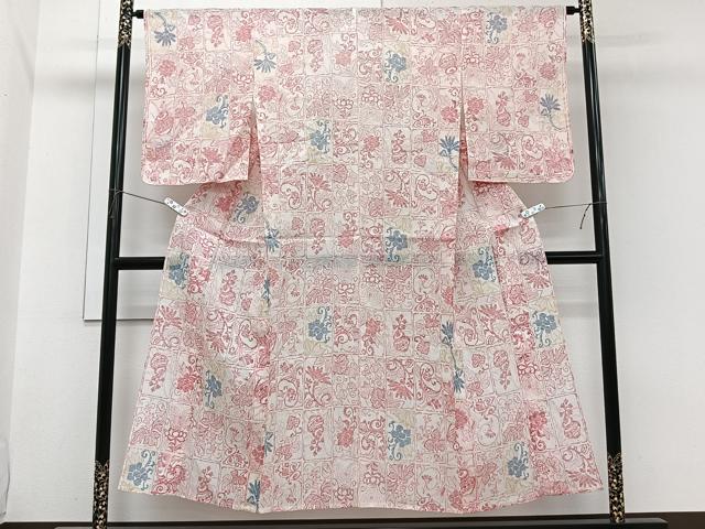 平和屋着物*夏物 本場小千谷縮 格子花蝶文 麻 逸品 未使用 CABI3652xi