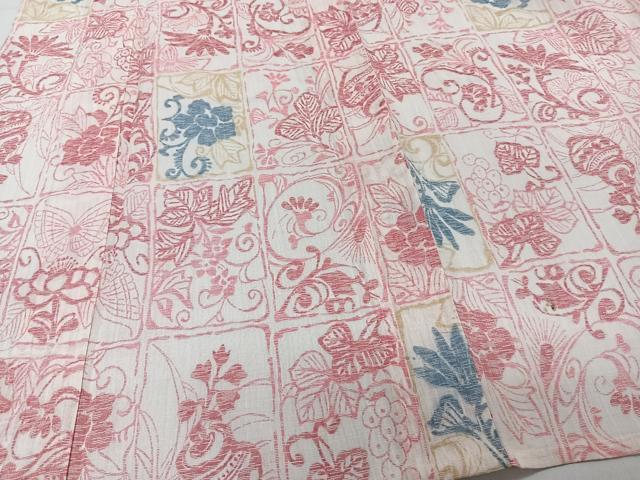 平和屋着物*夏物 本場小千谷縮 格子花蝶文 麻 逸品 未使用 CABI3652xi
