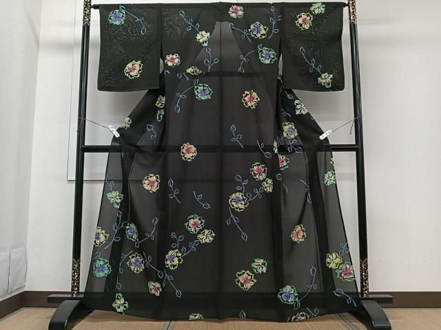 平和屋着物*夏物 訪問着 ろうけつ染め 草花文 黒地 正絹 逸品 CABI3660xi