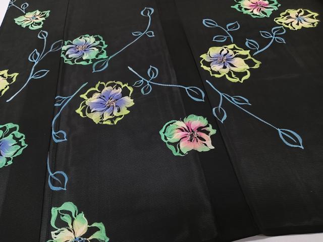 平和屋着物*夏物 訪問着 ろうけつ染め 草花文 黒地 正絹 逸品 CABI3660xi