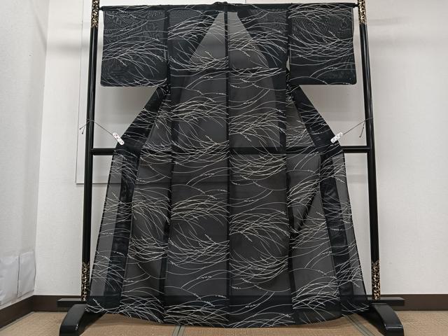 平和屋着物*夏物 小紋 絽 芝花文 黒地 洗える着物 CABI3708xi