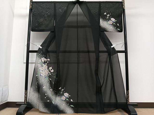 平和屋着物*夏物 訪問着 絽 草花文 黒地 洗える着物 CABI3715xi