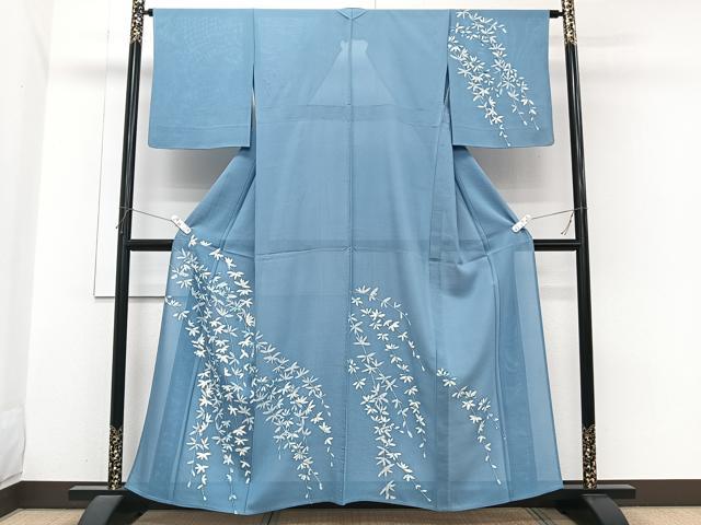 平和屋着物*夏物 訪問着 絽 ろうけつ染め 枝垂れ葉文 銀彩 正絹 逸品 CABI3767xi