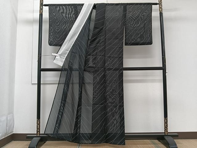 平和屋着物*夏物 小紋 絽 斜線文 黒地 洗える着物 CABI3802xi