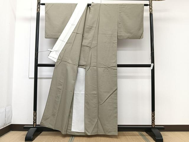平和屋着物▽上質な色無地 単衣 利休色 お召縮緬 正絹 逸品 CABI3807xi