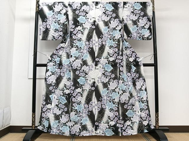 平和屋着物*夏物 小紋 紅梅織 草花文 黒地 銀糸 洗える着物 CABI3810xi
