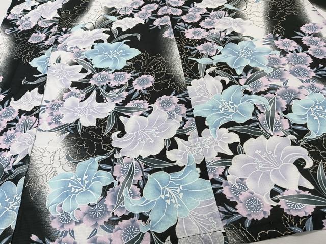 平和屋着物*夏物 小紋 紅梅織 草花文 黒地 銀糸 洗える着物 CABI3810xi