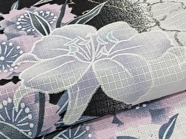 平和屋着物*夏物 小紋 紅梅織 草花文 黒地 銀糸 洗える着物 CABI3810xi