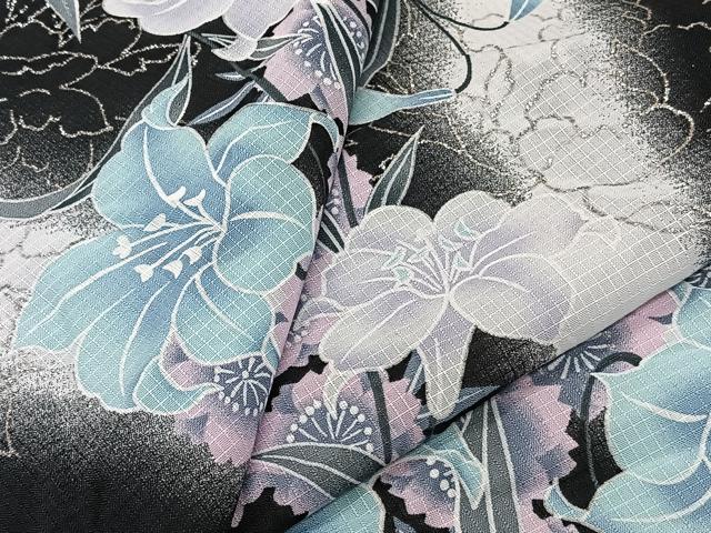 平和屋着物*夏物 小紋 紅梅織 草花文 黒地 銀糸 洗える着物 CABI3810xi