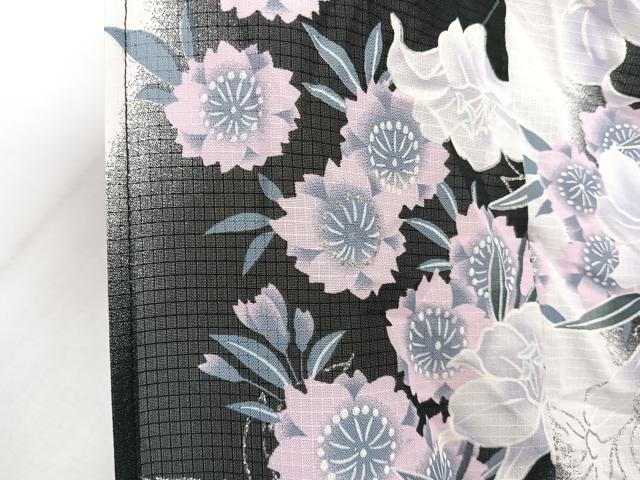 平和屋着物*夏物 小紋 紅梅織 草花文 黒地 銀糸 洗える着物 CABI3810xi